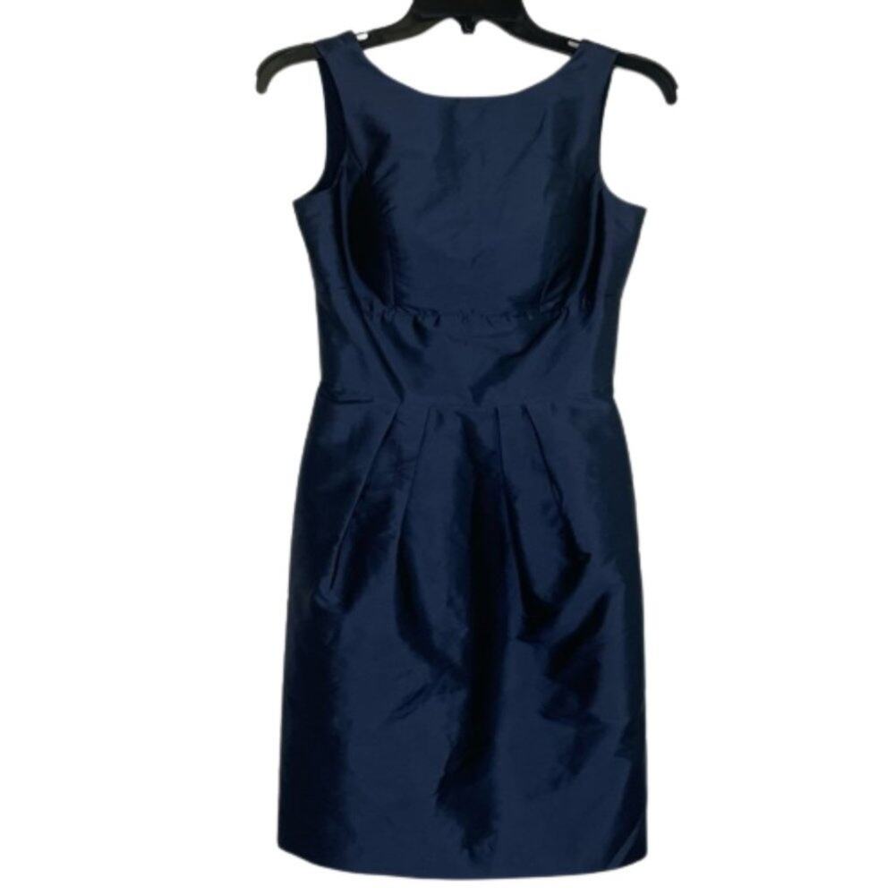 Alfred Sung dark blue mini cocktail dress back bow pockets size 0